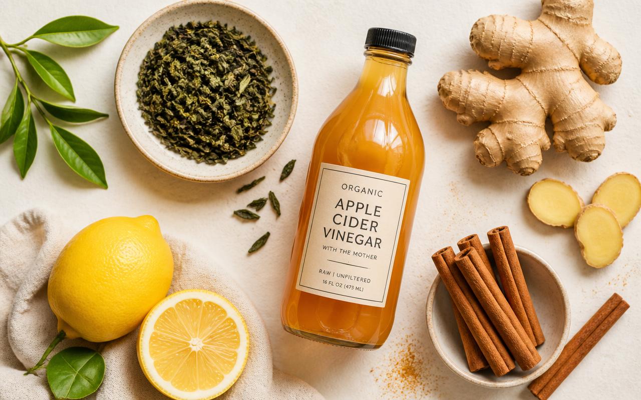 Apple cider vinegar, green tea, ginger, cinnamon and lemon arranged on a cream surface
