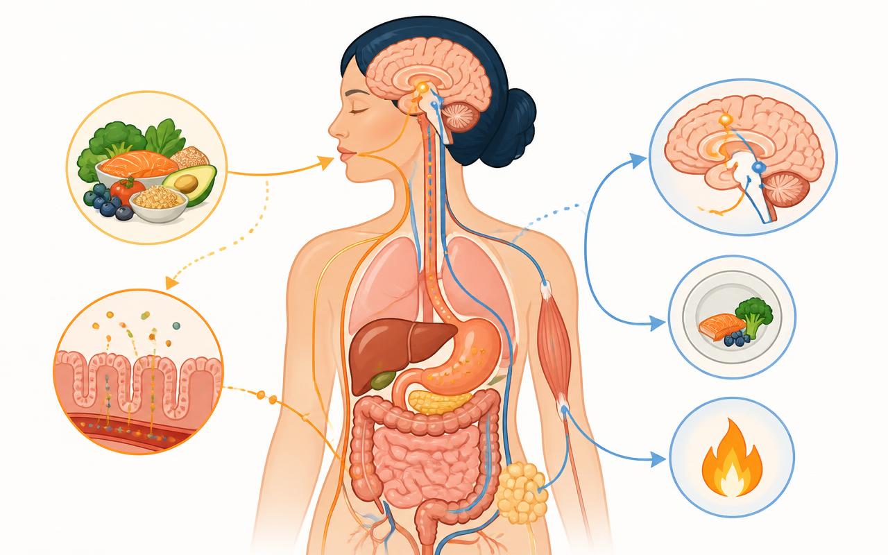 Diagram of how appetite signals and fat metabolism interact in the body